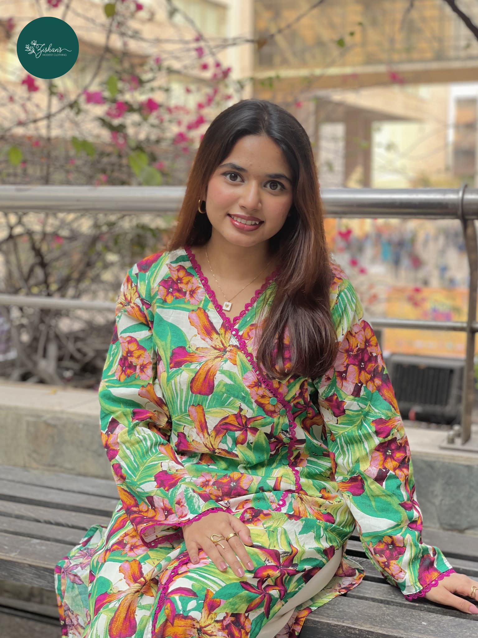 Image of Vibrant Green Tropical Floral Printed Modest Kurta